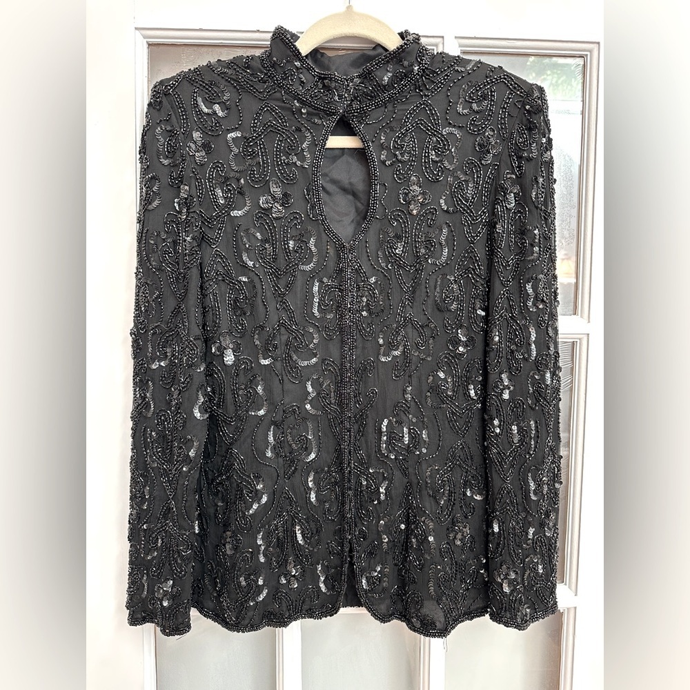 Vintage Stenay Black Hand Beaded Sequin 100% Silk Glam Jacket Top  Size Small S